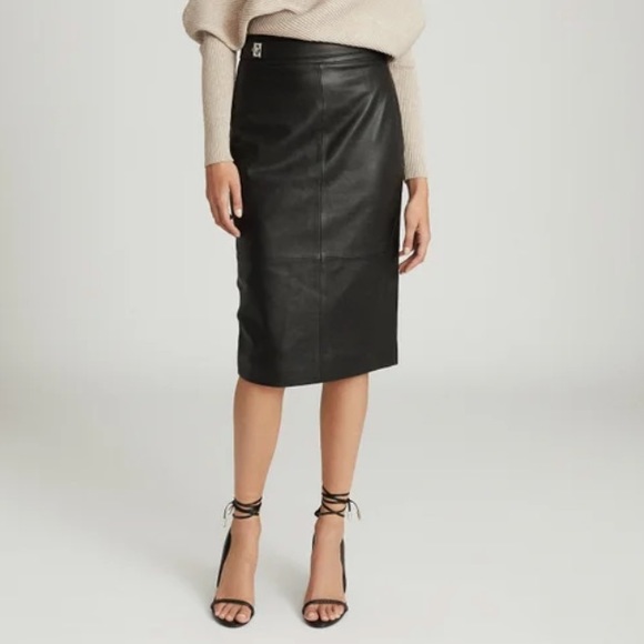 Reiss Kai Black Leather Pencil Skirt - Picture 2 of 14